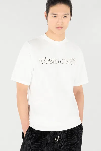 Roberto Cavalli T-shirt With Logo And Mini Studs In White