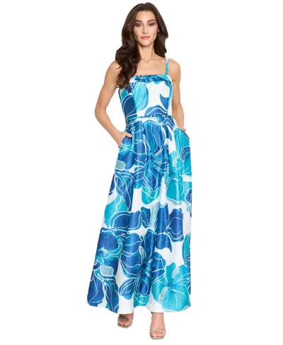 Tahari Asl Tahari Women's Floral-print Square-neck Gown In Teal Navy