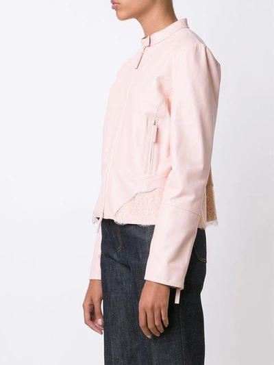 Shop Roberto Cavalli Lace Insert Leather Jacket - Pink