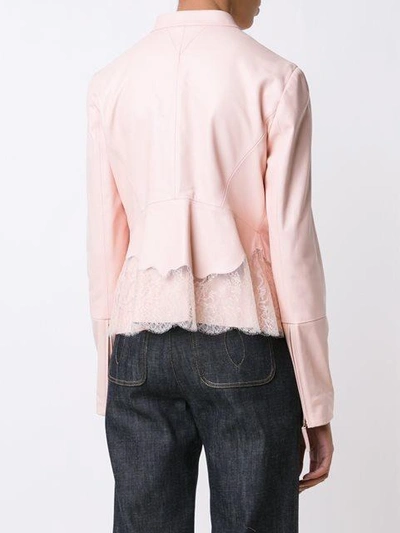 Shop Roberto Cavalli Lace Insert Leather Jacket - Pink