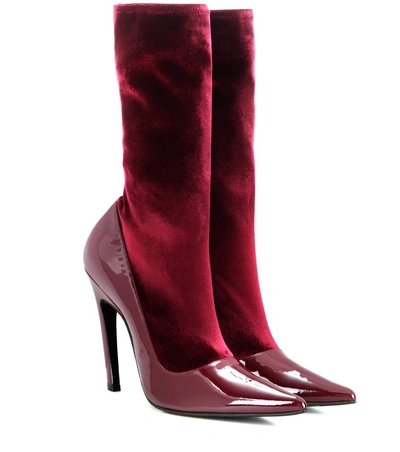 Balenciaga Boudoir Velvet And Leather Ankle Boots In Cerise Foece