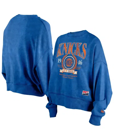New Era Women's Blue New York Knicks Hardwood Classics Enzyme Wash Oversized Boxy Pullover Sweatshirt In Blue