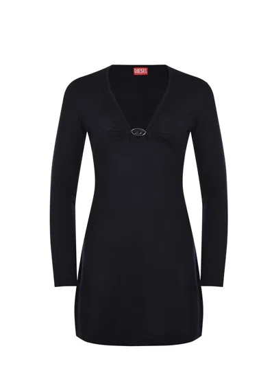 Diesel Placky V-neck Wool Mini Dress In Blue