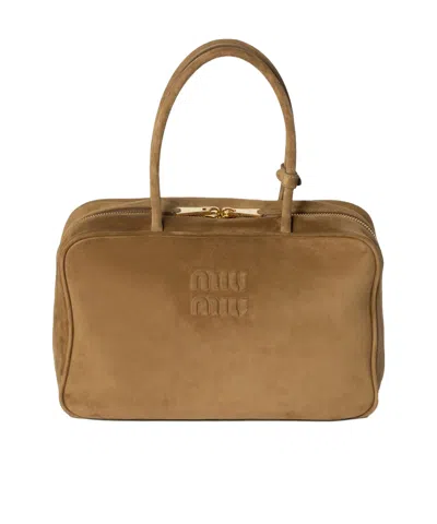 Miu Miu Zip Goat Suede Top-handle Bag In Brown