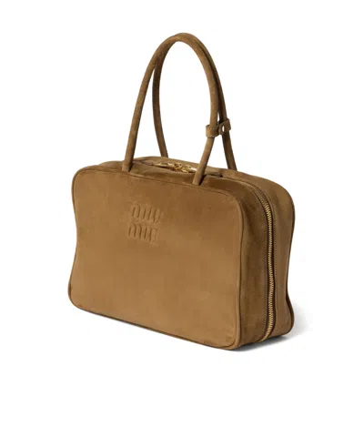 Miu Miu Zip Goat Suede Top-handle Bag In Brown