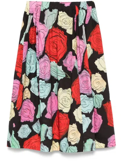 Marni Multicolor Midi Skirt With Elastic Waist And All-over Floral Motif In Black