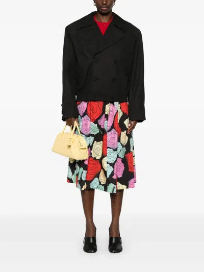 Marni Multicolor Midi Skirt With Elastic Waist And All-over Floral Motif In Black