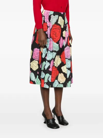 Marni Multicolor Midi Skirt With Elastic Waist And All-over Floral Motif In Black