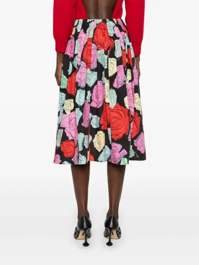 Marni Multicolor Midi Skirt With Elastic Waist And All-over Floral Motif In Black