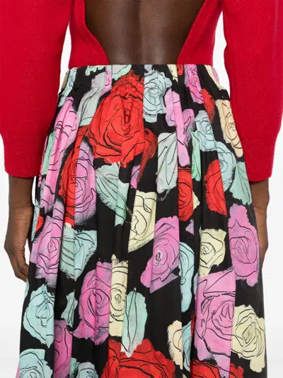Marni Multicolor Midi Skirt With Elastic Waist And All-over Floral Motif In Black