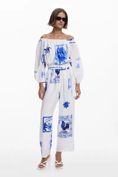 Desigual Placed Print Off The Shoulder Long Sleeve Jumpsuit In White