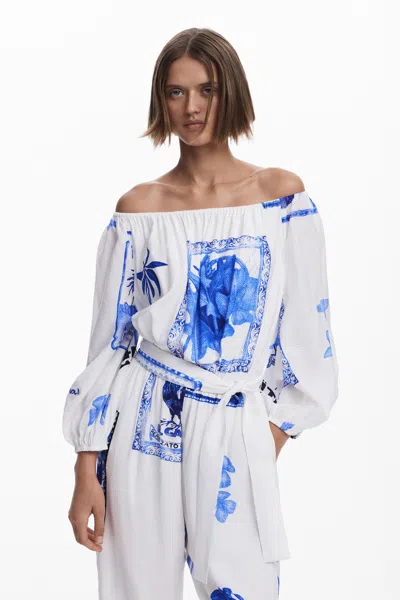 Desigual Placed Print Off The Shoulder Long Sleeve Jumpsuit In White