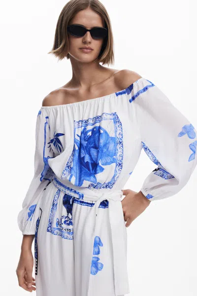 Desigual Placed Print Off The Shoulder Long Sleeve Jumpsuit In White