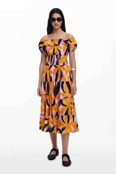 Desigual Abstract Print Off The Shoulder Tiered Midi Dress In Red