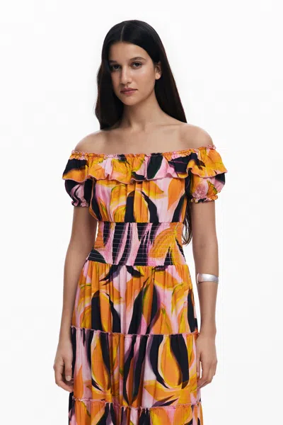 Desigual Abstract Print Off The Shoulder Tiered Midi Dress In Red