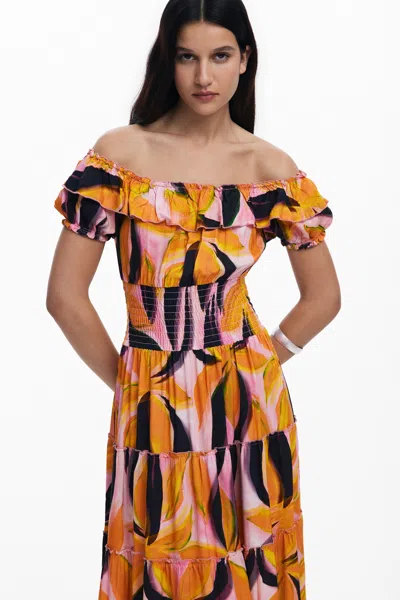 Desigual Abstract Print Off The Shoulder Tiered Midi Dress In Red