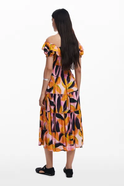 Desigual Abstract Print Off The Shoulder Tiered Midi Dress In Red
