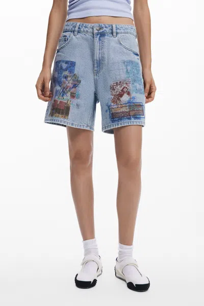 Desigual Patchwork Pattern Denim Shorts In Blue