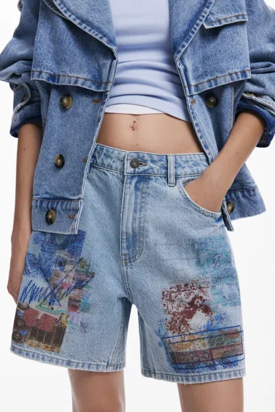 Desigual Patchwork Pattern Denim Shorts In Blue