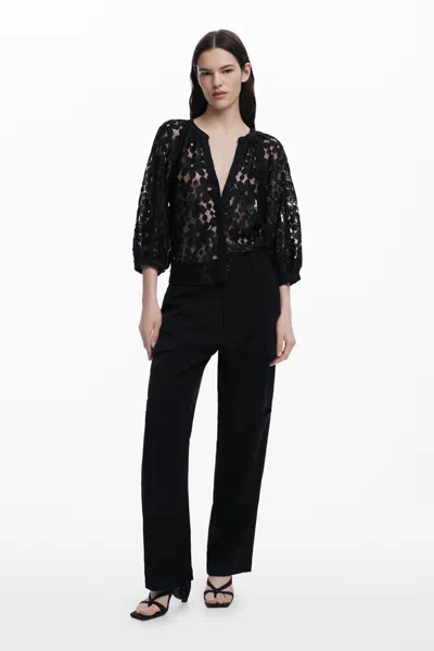 Desigual Lace Front Button Top In Black