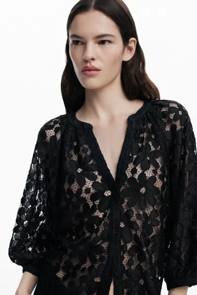 Desigual Lace Front Button Top In Black