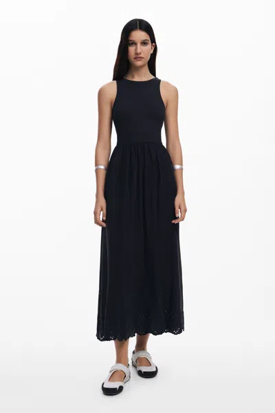 Desigual Ribbed Eyelet Midi Dress In Black
