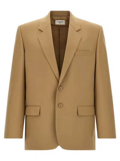 Saint Laurent Wool Gabardine Single-breasted Jacket In Neutrals
