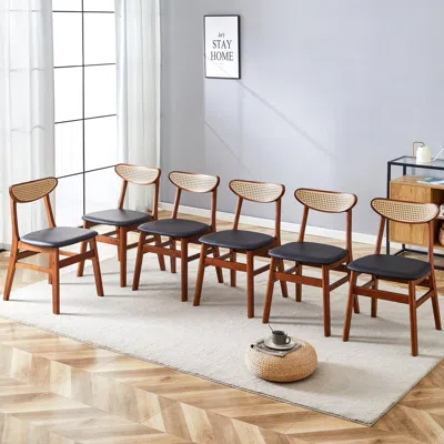 Streamdale Furniture Streamdale Cozy Wood & Rattan Dining Chairs (set Of 6) Curved Back, Pu Cushion