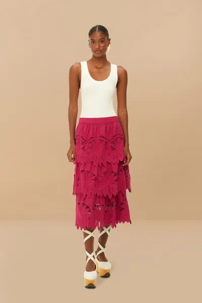 Farm Rio Pink Daisy Embroidered Midi Skirt
