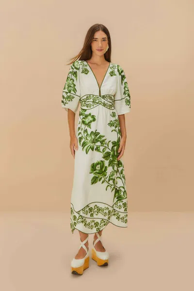 Farm Rio Off-white Green Floral Cascade Lenzing Ecovero Euroflax Midi Dress In Green Floral Cascade Off-white