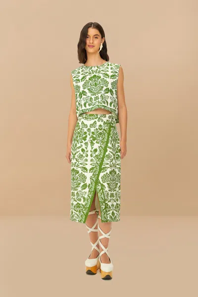 Farm Rio Green Delicate Tapestry Lenzing Ecovero Euroflax Midi Skirt