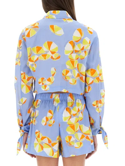 Moschino Jeans Cropped Shirt Beach Umbrellas In Baby Blue