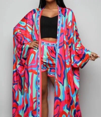 Half Heart Alia Kimono Short Set In Pink Multi Print In Multi