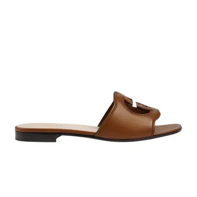 Pre-owned Gucci Wmns Interlocking G Cut-out Slide Sandal 'cuir' In Brown