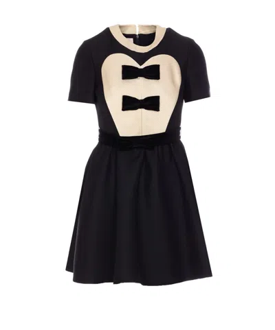 Valentino Bow-detailed Velvet And Ribbed Satin-trimmed Wool And Silk-blend Mini Dress In Black