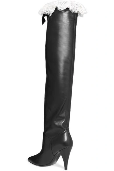 Shop Philosophy Di Lorenzo Serafini Lace And Velvet-trimmed Leather Knee Boots