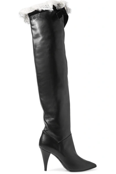 Shop Philosophy Di Lorenzo Serafini Lace And Velvet-trimmed Leather Knee Boots