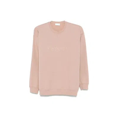Saint Laurent Fleeced-cotton Crew-neck Sweatshirt With Ton On Ton Logo In Pink