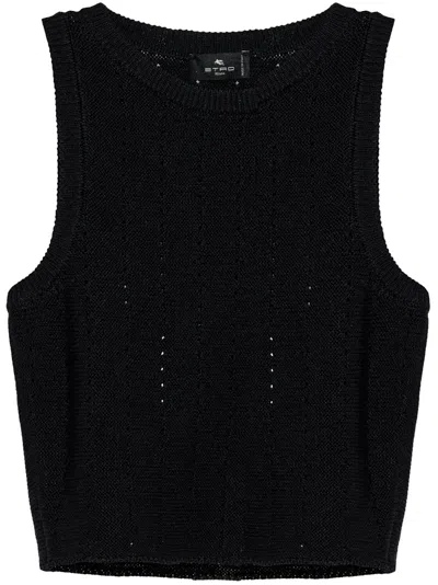 Etro Black Crop Top With Knitted Design And Openwork Detail In Black
