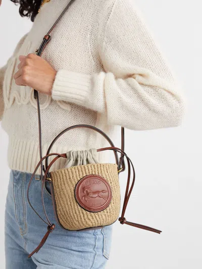 Chloé Embossed Leather-trimmed Faux Raffia Bucket Bag In Neutrals
