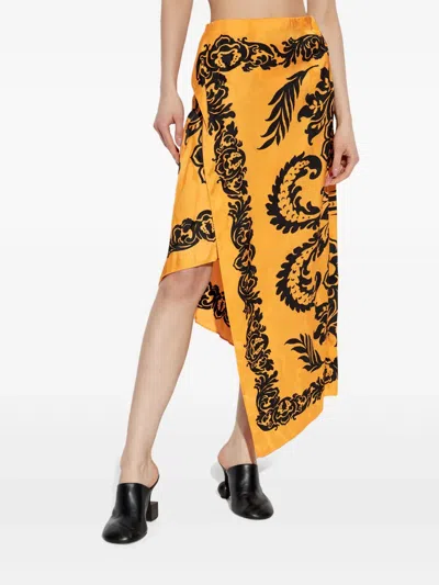 Etro Orange Skirt With Asymmetric Design And All-over Stencil Floral Print In Viscose Woman In Orange