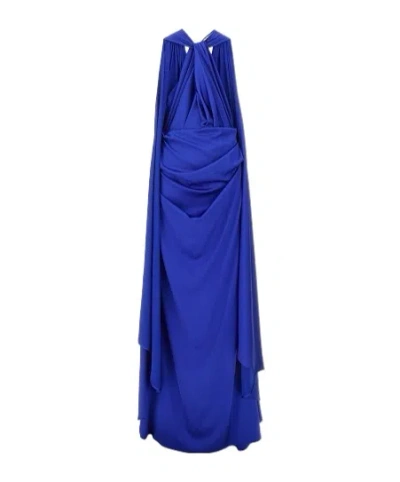 Talbot Runhof Satin Long Dress With Integrated Cape In Blue