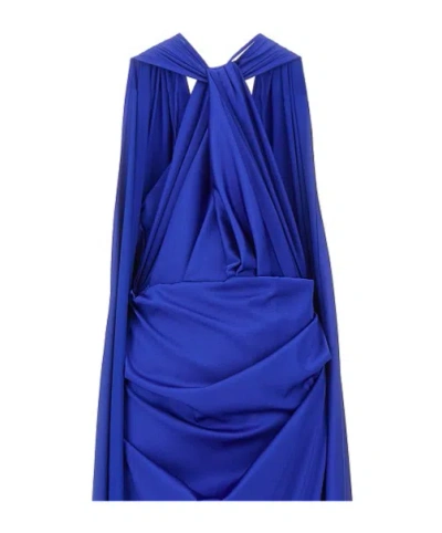 Talbot Runhof Satin Long Dress With Integrated Cape In Blue