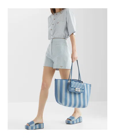 Fendi Blue Reversible Roll Large Shopper In Blue