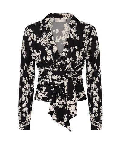 Elisabetta Franchi Georgette Blouse With Floral Pattern And Waist Sash In Black