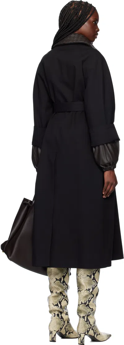 Bottega Veneta Black Trenchcoat With Removable Leather Collar With Intrecciato Motif And Adjustable Belt In Cotton In 1000 Black