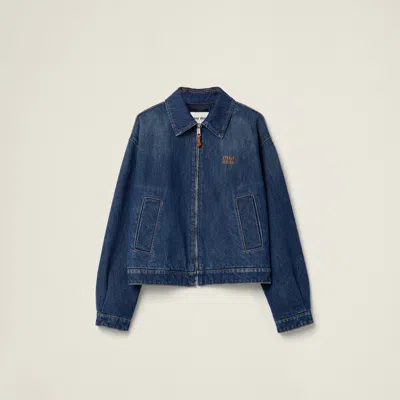 Miu Miu Oversized Zip-up Denim Jacket In Navy