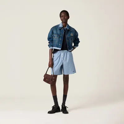 Miu Miu Logo Patch Cropped Denim Jackets In Blue