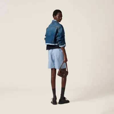 Miu Miu Logo Patch Cropped Denim Jackets In Blue