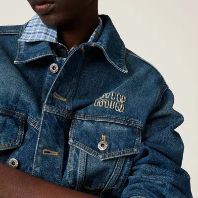 Miu Miu Logo Patch Cropped Denim Jackets In Blue